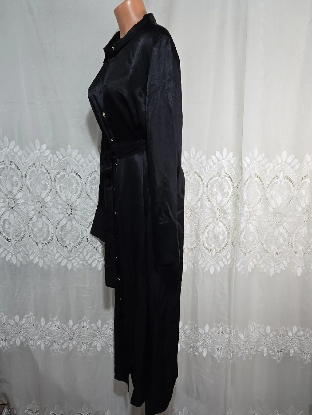 J. CREW Elegant Classic Black Satin Shirt Dress with Waist Tie Sz 18